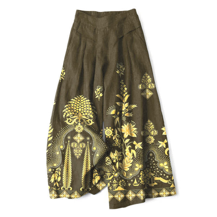 Buddha Stones Pantaloni da donna in cotone e lino, stile bohémien, con elastico in vita e gamba larga, con tasche, fantasia floreale dorata e vita elasticizzata. - Verde oliva scuro - US16, UK/AU20, EU48 (3XL) - image 4