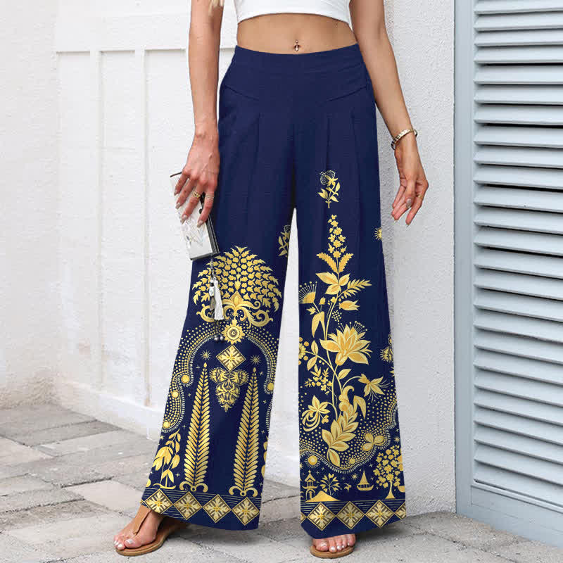 Buddha Stones Pantaloni da donna in cotone e lino, stile bohémien, con elastico in vita e gamba larga, con tasche, fantasia floreale dorata e vita elasticizzata. - image 7