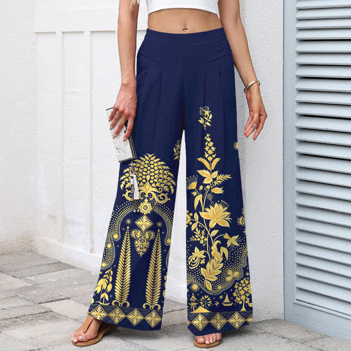 Buddha Stones Pantaloni da donna in cotone e lino, stile bohémien, con elastico in vita e gamba larga, con tasche, fantasia floreale dorata e vita elasticizzata. - image 7