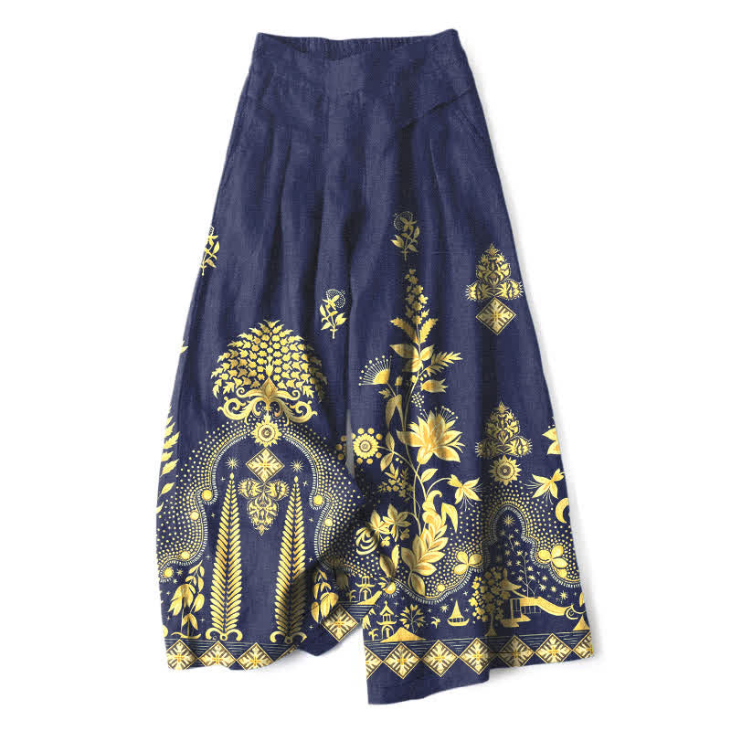 Buddha Stones Pantaloni da donna in cotone e lino, stile bohémien, con elastico in vita e gamba larga, con tasche, fantasia floreale dorata e vita elasticizzata. - Marina - US16, UK/AU20, EU48 (3XL) - image 6