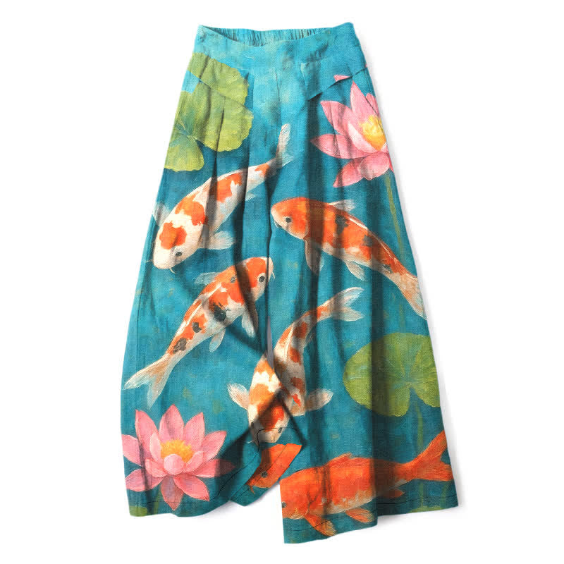 Buddha Stones Pantaloni da donna a gamba larga con elastico in vita e tasche, in cotone e lino, con stampa di carpe koi rosse e bianche e loto rosa. - Turchese scuro - US16, UK/AU20, EU48 (3XL) - image 0