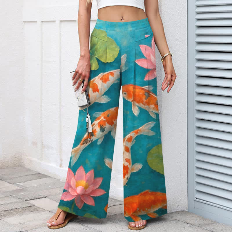 Buddha Stones Pantaloni da donna a gamba larga con elastico in vita e tasche, in cotone e lino, con stampa di carpe koi rosse e bianche e loto rosa. - image 1