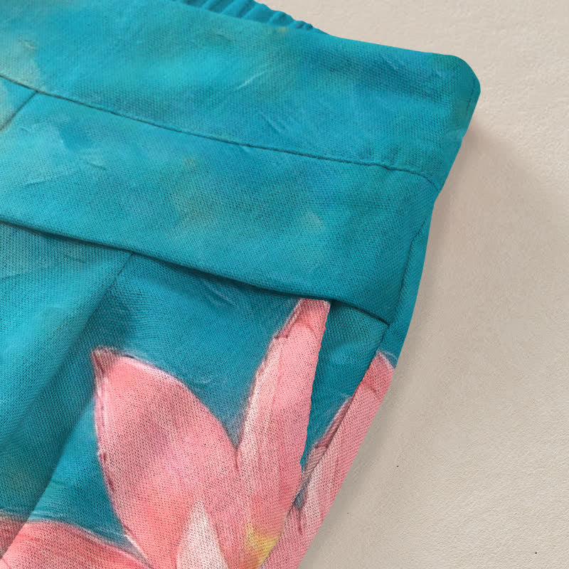 Buddha Stones Pantaloni da donna a gamba larga con elastico in vita e tasche, in cotone e lino, con stampa di carpe koi rosse e bianche e loto rosa. - image 2