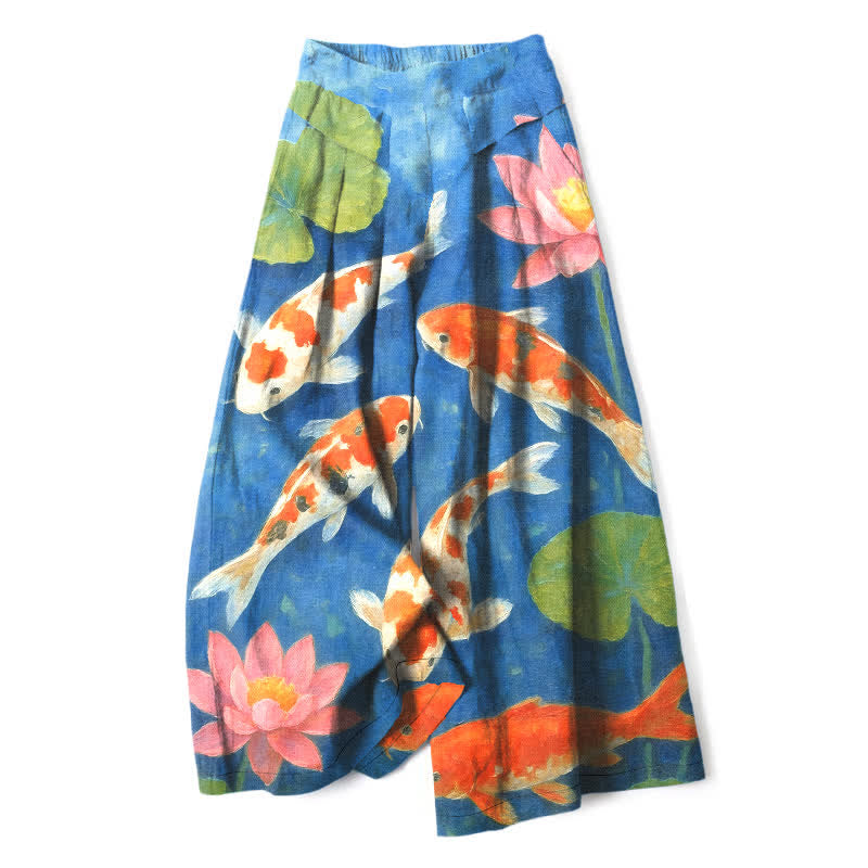 Buddha Stones Pantaloni da donna a gamba larga con elastico in vita e tasche, in cotone e lino, con stampa di carpe koi rosse e bianche e loto rosa. - Blu reale - US16, UK/AU20, EU48 (3XL) - image 4