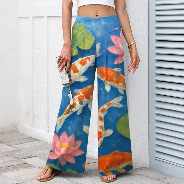 Buddha Stones Pantaloni da donna a gamba larga con elastico in vita e tasche, in cotone e lino, con stampa di carpe koi rosse e bianche e loto rosa. - image 5