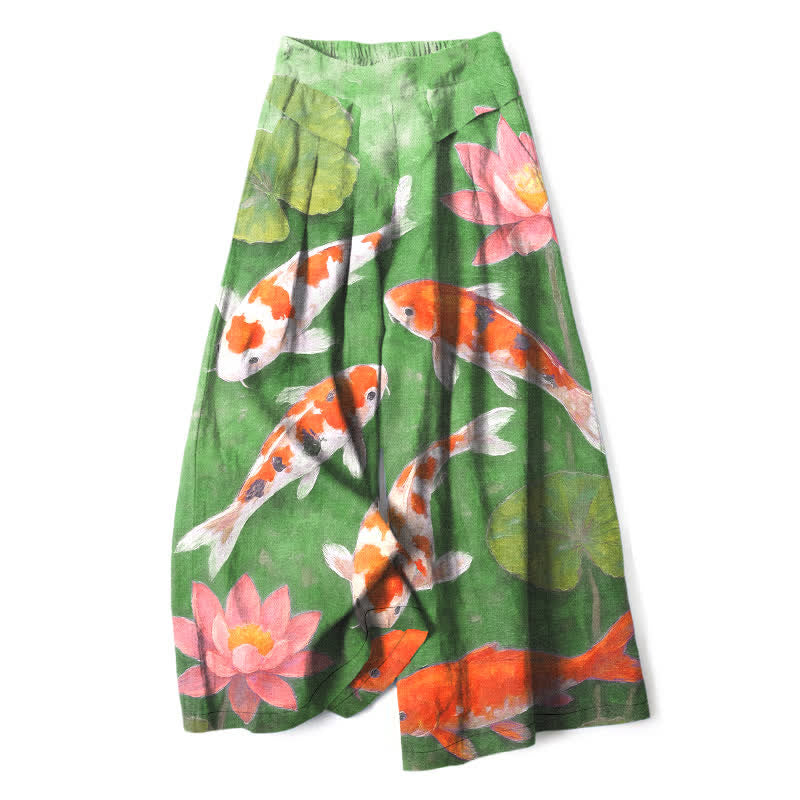 Buddha Stones Pantaloni da donna a gamba larga con elastico in vita e tasche, in cotone e lino, con stampa di carpe koi rosse e bianche e loto rosa. - Verde pallido - US16, UK/AU20, EU48 (3XL) - image 6