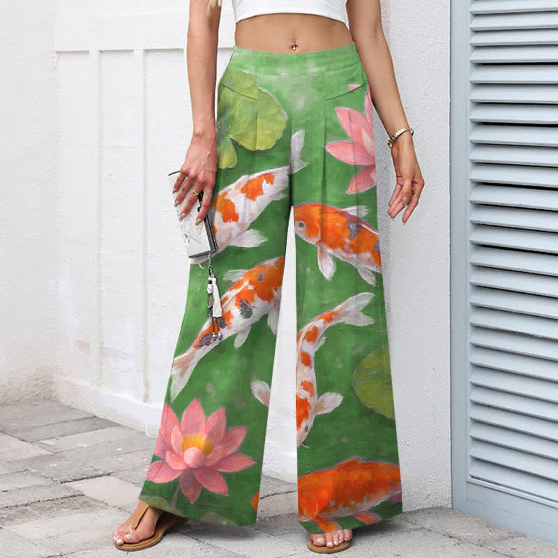 Buddha Stones Pantaloni da donna a gamba larga con elastico in vita e tasche, in cotone e lino, con stampa di carpe koi rosse e bianche e loto rosa. - image 7
