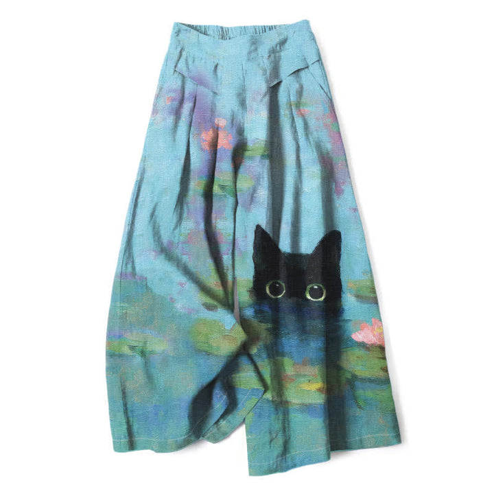 Buddha Stones Pantaloni da donna a gamba larga con elastico in vita e tasche, in cotone e lino, con stampa di un simpatico gatto nero e laghetto di loto. - Azzurro chiaro - US16, UK/AU20, EU48 (3XL) - image 0