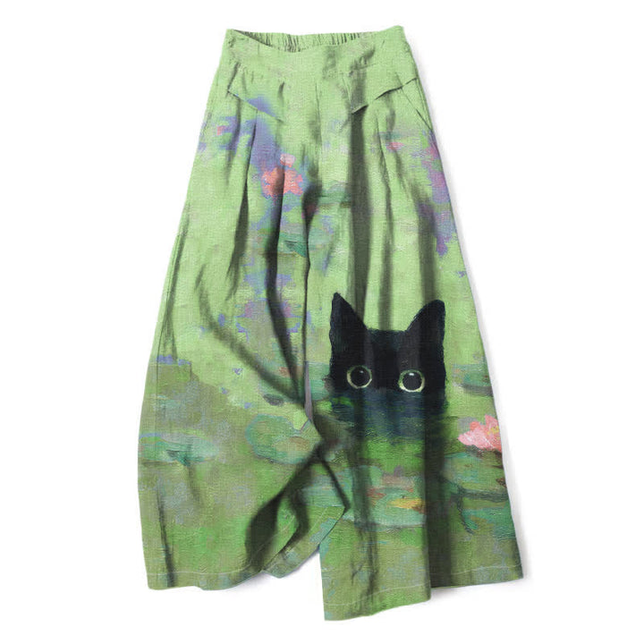 Buddha Stones Pantaloni da donna a gamba larga con elastico in vita e tasche, in cotone e lino, con stampa di un simpatico gatto nero e laghetto di loto. - Verde pallido - US16, UK/AU20, EU48 (3XL) - image 4