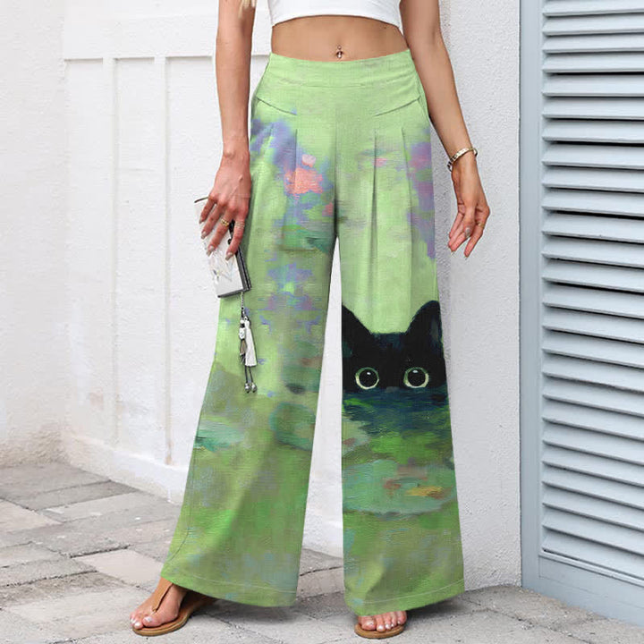 Buddha Stones Pantaloni da donna a gamba larga con elastico in vita e tasche, in cotone e lino, con stampa di un simpatico gatto nero e laghetto di loto. - image 5