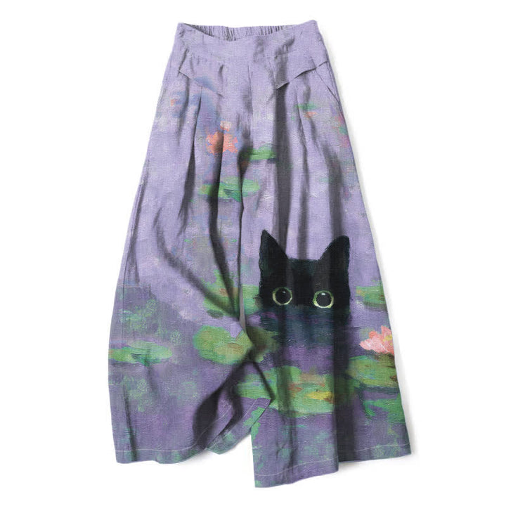 Buddha Stones Pantaloni da donna a gamba larga con elastico in vita e tasche, in cotone e lino, con stampa di un simpatico gatto nero e laghetto di loto. - Lavanda - US16, UK/AU20, EU48 (3XL) - image 6