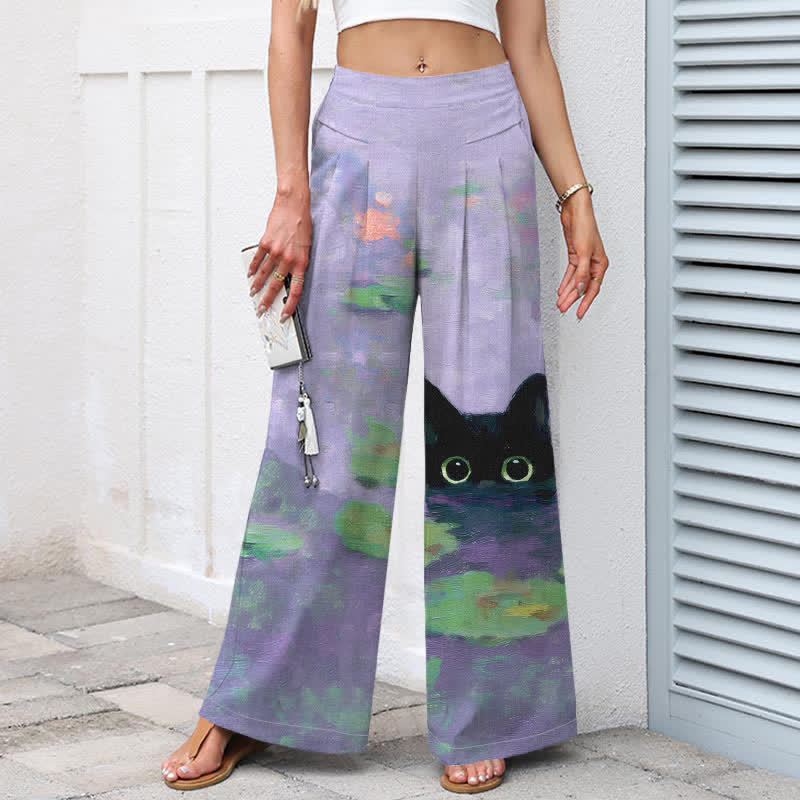 Buddha Stones Pantaloni da donna a gamba larga con elastico in vita e tasche, in cotone e lino, con stampa di un simpatico gatto nero e laghetto di loto. - image 7