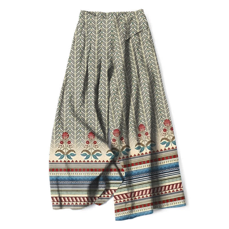 Buddha Stones Pantaloni da donna a gamba larga con elastico in vita e tasche, in cotone e lino, stile bohémien, con motivo geometrico a zigzag. - Grano - US16, UK/AU20, EU48 (3XL) - image 0