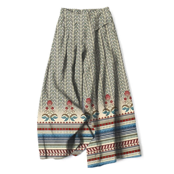 Buddha Stones Pantaloni da donna a gamba larga con elastico in vita e tasche, in cotone e lino, stile bohémien, con motivo geometrico a zigzag. - Grano - US16, UK/AU20, EU48 (3XL) - image 0