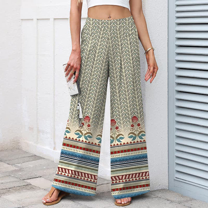 Buddha Stones Pantaloni da donna a gamba larga con elastico in vita e tasche, in cotone e lino, stile bohémien, con motivo geometrico a zigzag. - image 1