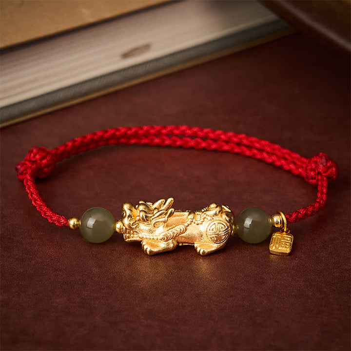 Buddha Stones Braccialetto rosso con cordino portafortuna del personaggio Pi Xiu Fu in rame - Filo rosso (Protezione♥Fortuna) - image 0