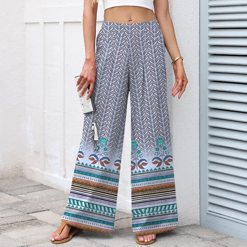 Buddha Stones Pantaloni da donna a gamba larga con elastico in vita e tasche, in cotone e lino, stile bohémien, con motivo geometrico a zigzag. - image 5