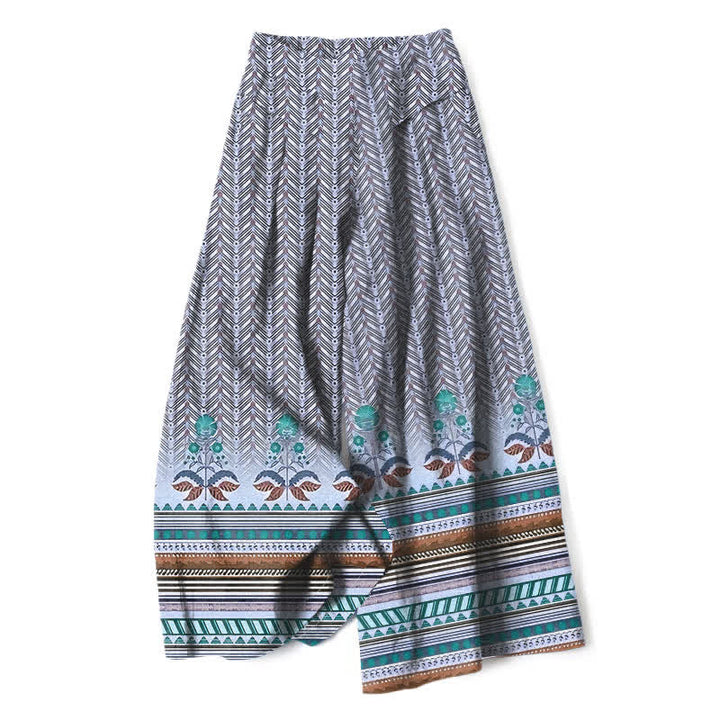 Buddha Stones Pantaloni da donna a gamba larga con elastico in vita e tasche, in cotone e lino, stile bohémien, con motivo geometrico a zigzag. - Grigio - US16, UK/AU20, EU48 (3XL) - image 4