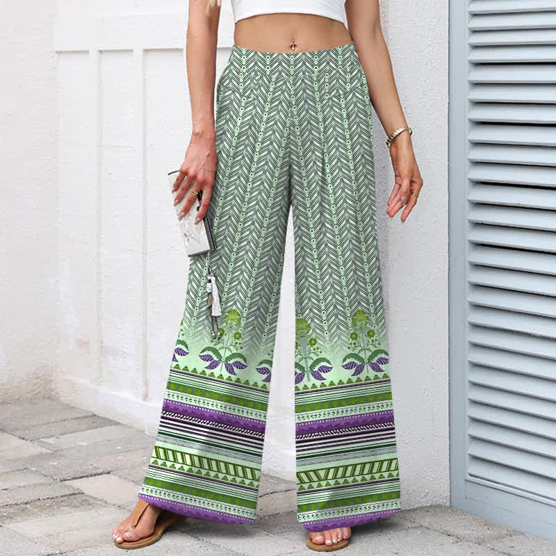 Buddha Stones Pantaloni da donna a gamba larga con elastico in vita e tasche, in cotone e lino, stile bohémien, con motivo geometrico a zigzag. - image 7
