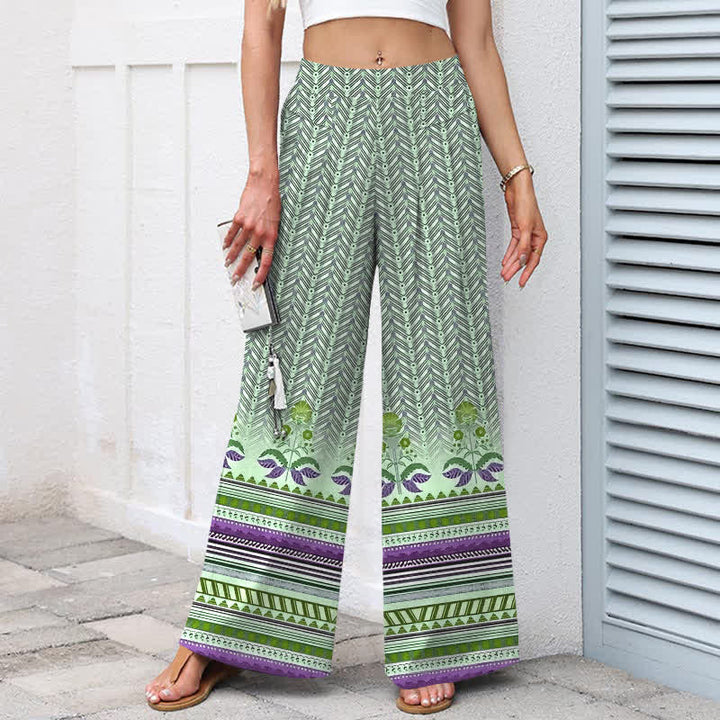 Buddha Stones Pantaloni da donna a gamba larga con elastico in vita e tasche, in cotone e lino, stile bohémien, con motivo geometrico a zigzag. - image 7