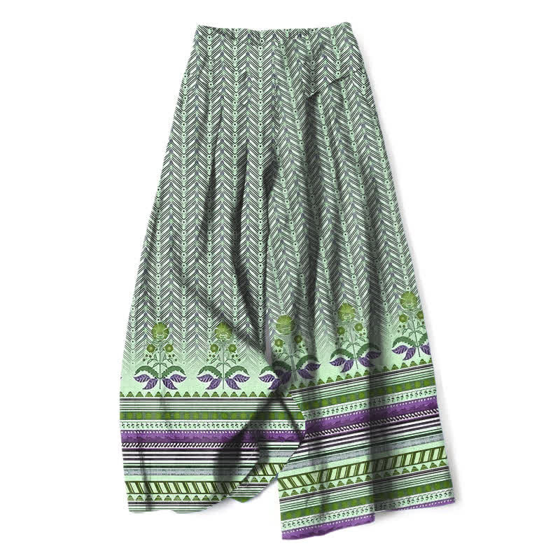 Buddha Stones Pantaloni da donna a gamba larga con elastico in vita e tasche, in cotone e lino, stile bohémien, con motivo geometrico a zigzag. - Verde pallido - US16, UK/AU20, EU48 (3XL) - image 6