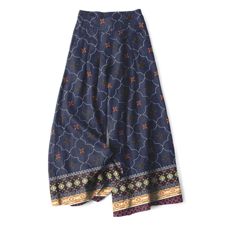 Buddha Stones Pantaloni da donna a gamba larga con elastico in vita e tasche, in cotone e lino, stile bohémien, con motivo geometrico floreale. - Blu notte - US16, UK/AU20, EU48 (3XL) - image 0