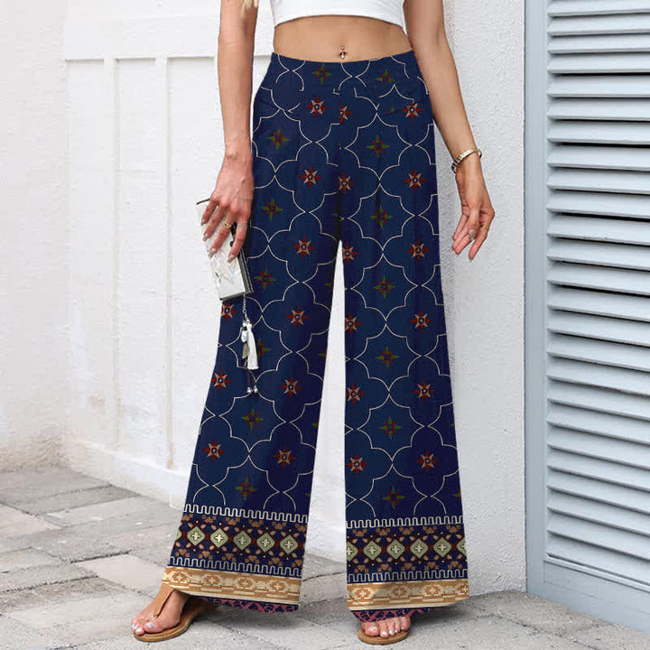 Buddha Stones Pantaloni da donna a gamba larga con elastico in vita e tasche, in cotone e lino, stile bohémien, con motivo geometrico floreale. - image 1