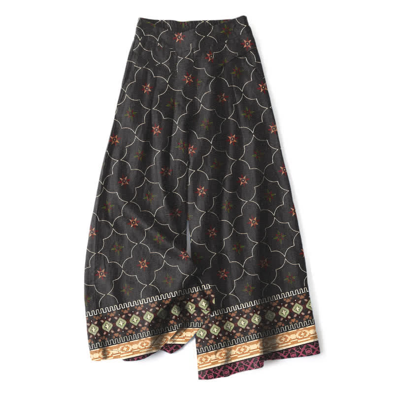 Buddha Stones Pantaloni da donna a gamba larga con elastico in vita e tasche, in cotone e lino, stile bohémien, con motivo geometrico floreale. - Nero - US16, UK/AU20, EU48 (3XL) - image 4