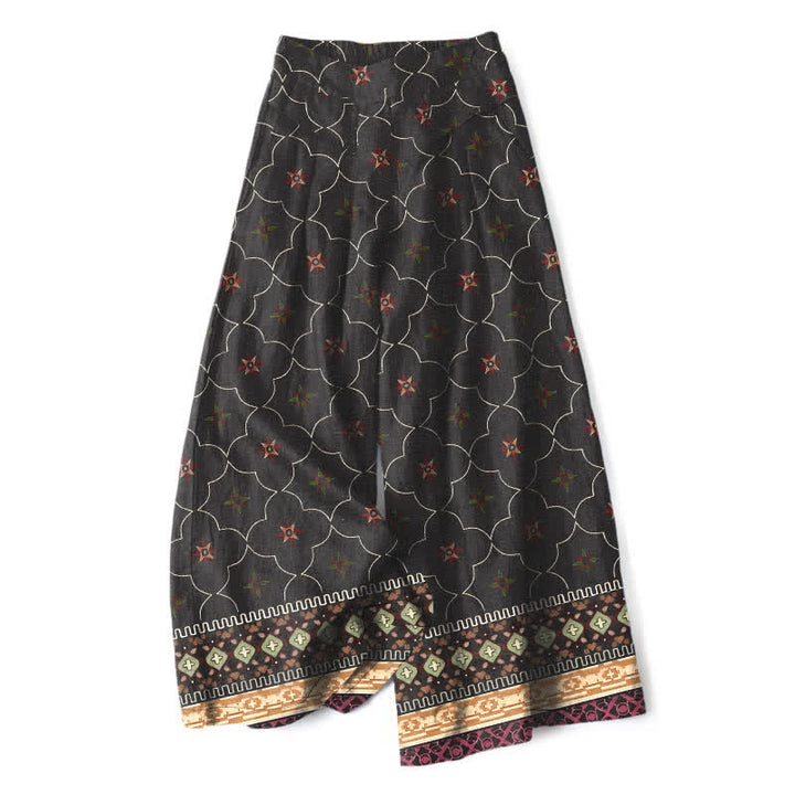 Buddha Stones Pantaloni da donna a gamba larga con elastico in vita e tasche, in cotone e lino, stile bohémien, con motivo geometrico floreale. - Nero - US16, UK/AU20, EU48 (3XL) - image 4