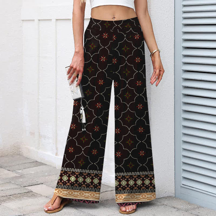 Buddha Stones Pantaloni da donna a gamba larga con elastico in vita e tasche, in cotone e lino, stile bohémien, con motivo geometrico floreale. - image 5
