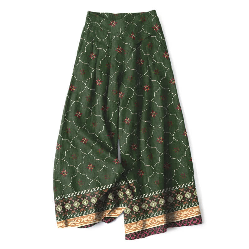 Buddha Stones Pantaloni da donna a gamba larga con elastico in vita e tasche, in cotone e lino, stile bohémien, con motivo geometrico floreale. - Verde oliva scuro - US16, UK/AU20, EU48 (3XL) - image 6