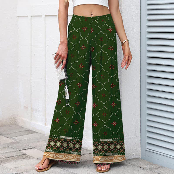 Buddha Stones Pantaloni da donna a gamba larga con elastico in vita e tasche, in cotone e lino, stile bohémien, con motivo geometrico floreale. - image 7