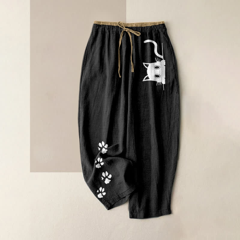 Buddha Stones Pantaloni da donna in puro cotone con elastico in vita e tasche, con graziosa stampa di zampette di gatto. - Nero - US16, UK/AU20, EU48 (3XL) - image 0