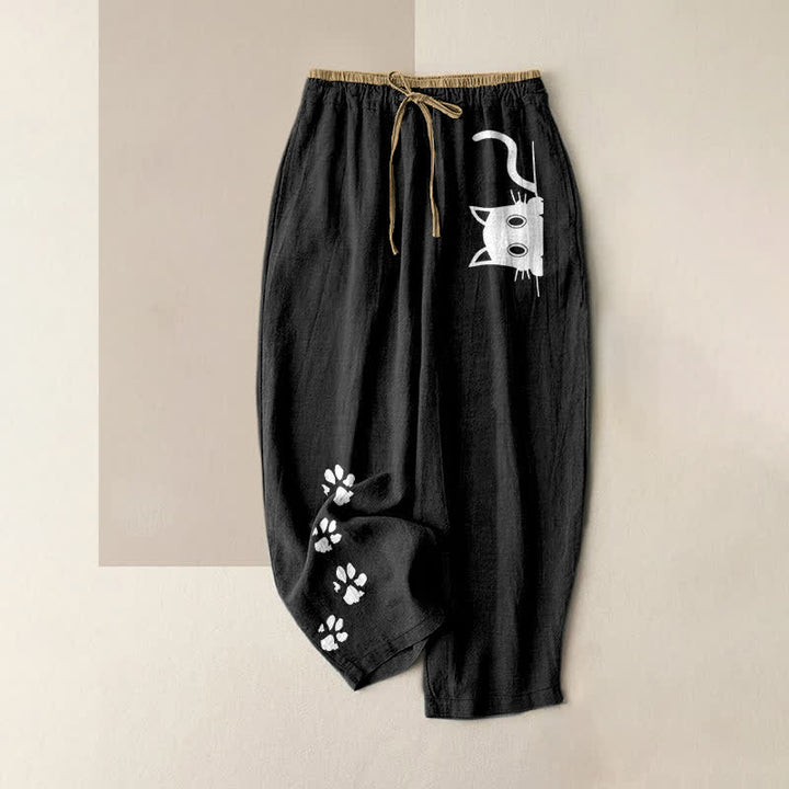 Buddha Stones Pantaloni da donna in puro cotone con elastico in vita e tasche, con graziosa stampa di zampette di gatto. - Nero - US16, UK/AU20, EU48 (3XL) - image 0