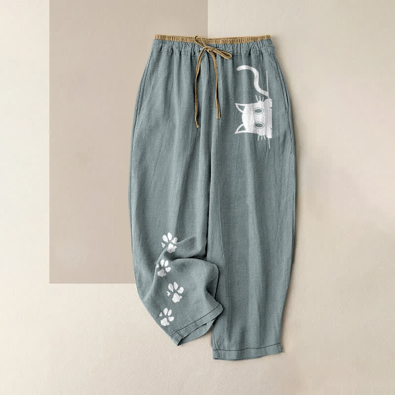 Buddha Stones Pantaloni da donna in puro cotone con elastico in vita e tasche, con graziosa stampa di zampette di gatto. - Azzurro chiaro - US16, UK/AU20, EU48 (3XL) - image 4