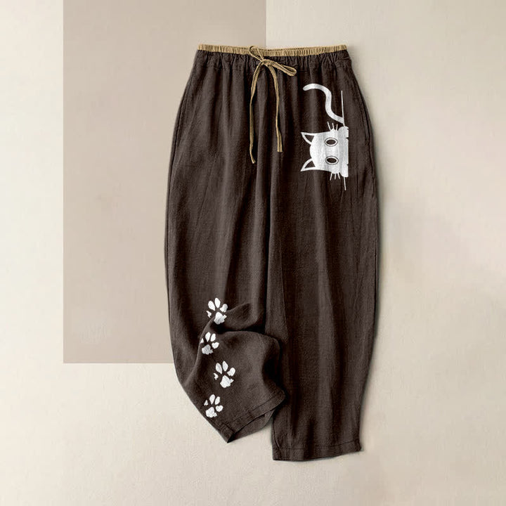 Buddha Stones Pantaloni da donna in puro cotone con elastico in vita e tasche, con graziosa stampa di zampette di gatto. - Marrone sella - US16, UK/AU20, EU48 (3XL) - image 8