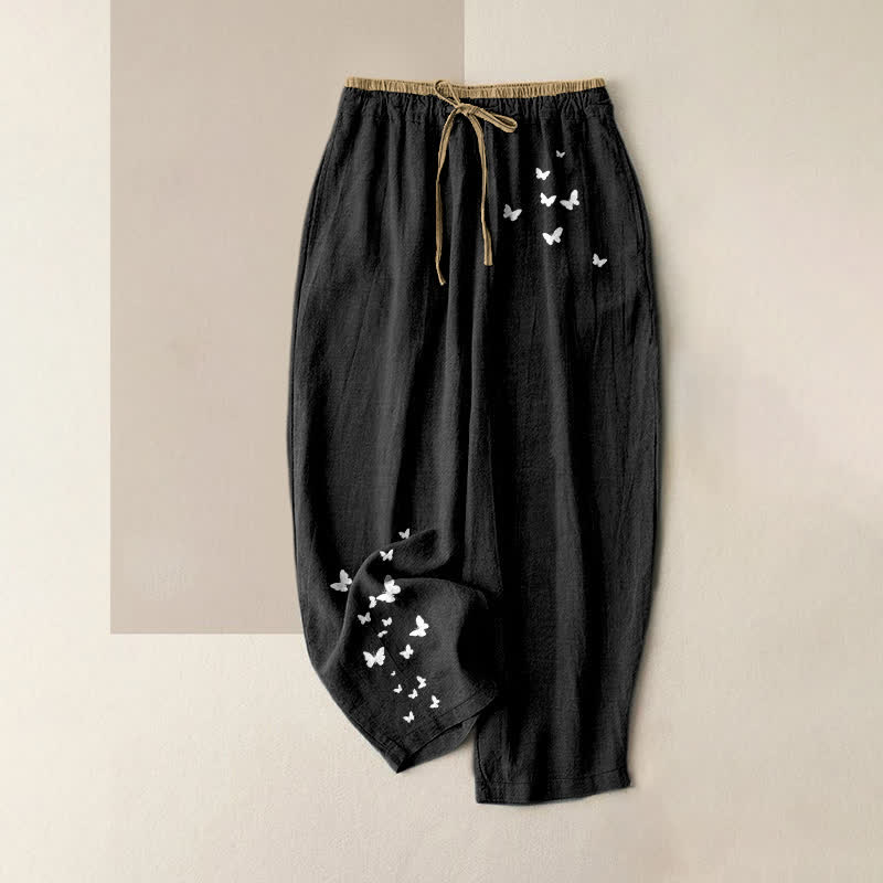 Buddha Stones Pantaloni da donna in puro cotone bianco con fantasia a farfalle, elastico in vita e tasche. - Nero - US16, UK/AU20, EU48 (3XL) - image 4