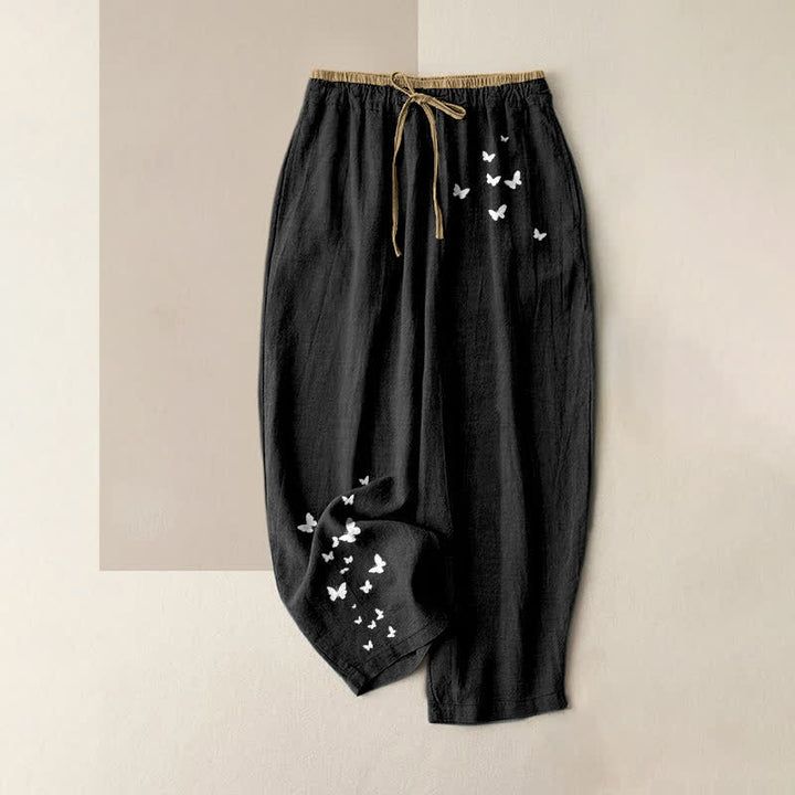 Buddha Stones Pantaloni da donna in puro cotone bianco con fantasia a farfalle, elastico in vita e tasche. - Nero - US16, UK/AU20, EU48 (3XL) - image 4