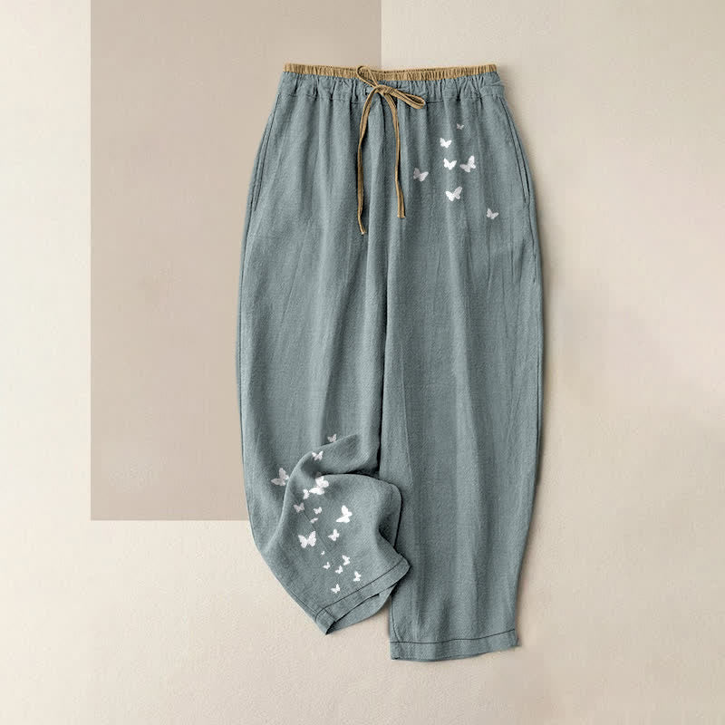Buddha Stones Pantaloni da donna in puro cotone bianco con fantasia a farfalle, elastico in vita e tasche. - Azzurro chiaro - US16, UK/AU20, EU48 (3XL) - image 0