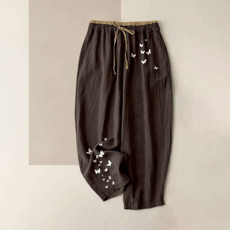 Buddha Stones Pantaloni da donna in puro cotone bianco con fantasia a farfalle, elastico in vita e tasche. - Marrone sella - US16, UK/AU20, EU48 (3XL) - image 8