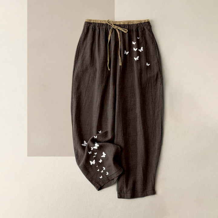 Buddha Stones Pantaloni da donna in puro cotone bianco con fantasia a farfalle, elastico in vita e tasche. - Marrone sella - US16, UK/AU20, EU48 (3XL) - image 8
