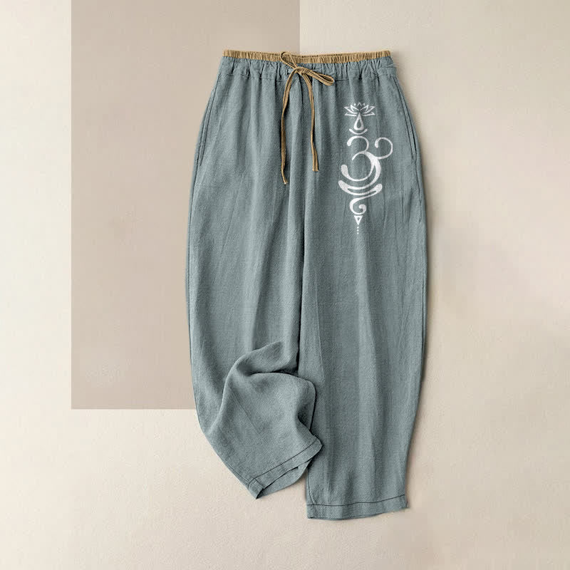 Buddha Stones Pantaloni da donna in puro cotone con elastico in vita e tasche, con motivo sacro Om Lotus e vita elasticizzata. - Azzurro chiaro - US16, UK/AU20, EU48 (3XL) - image 8