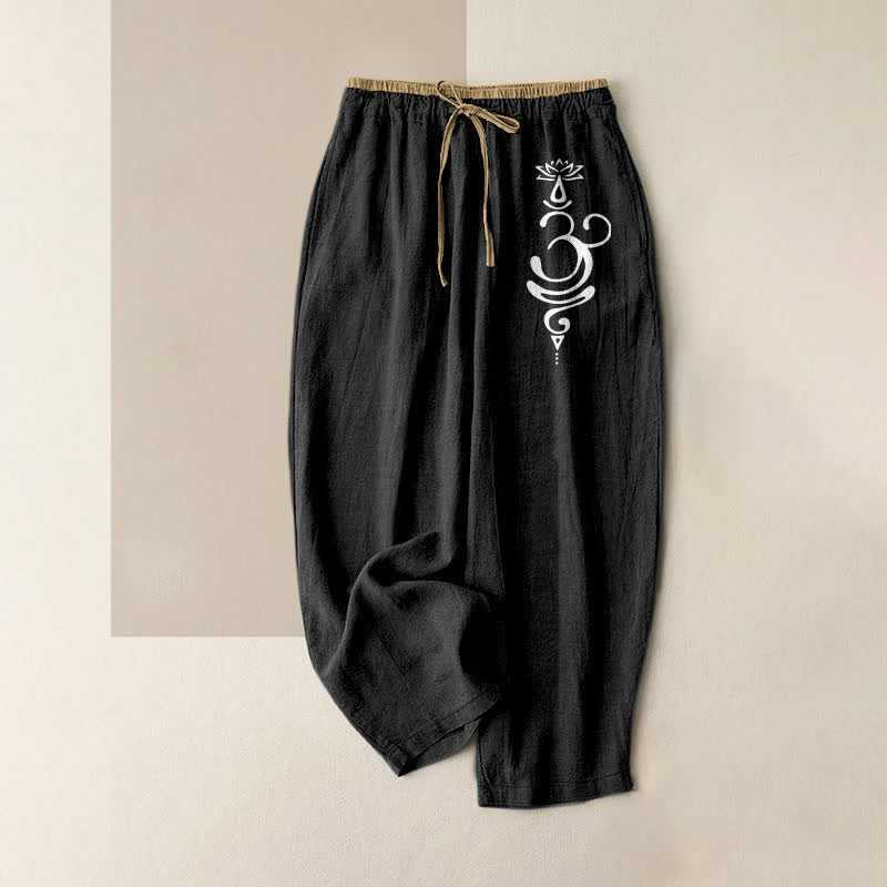 Buddha Stones Pantaloni da donna in puro cotone con elastico in vita e tasche, con motivo sacro Om Lotus e vita elasticizzata. - Nero - US16, UK/AU20, EU48 (3XL) - image 4