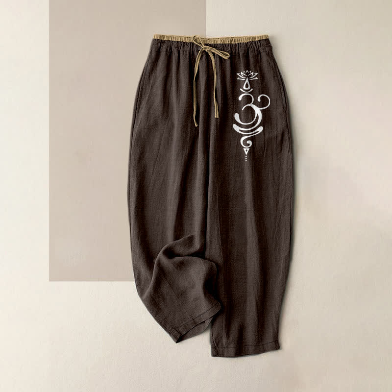 Buddha Stones Pantaloni da donna in puro cotone con elastico in vita e tasche, con motivo sacro Om Lotus e vita elasticizzata. - Marrone sella - US16, UK/AU20, EU48 (3XL) - image 0