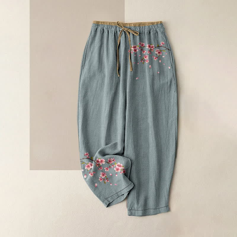 Buddha Stones Pantaloni da donna in puro cotone con elastico in vita e tasche, fantasia a fiori rosa. - Azzurro chiaro - US16, UK/AU20, EU48 (3XL) - image 4
