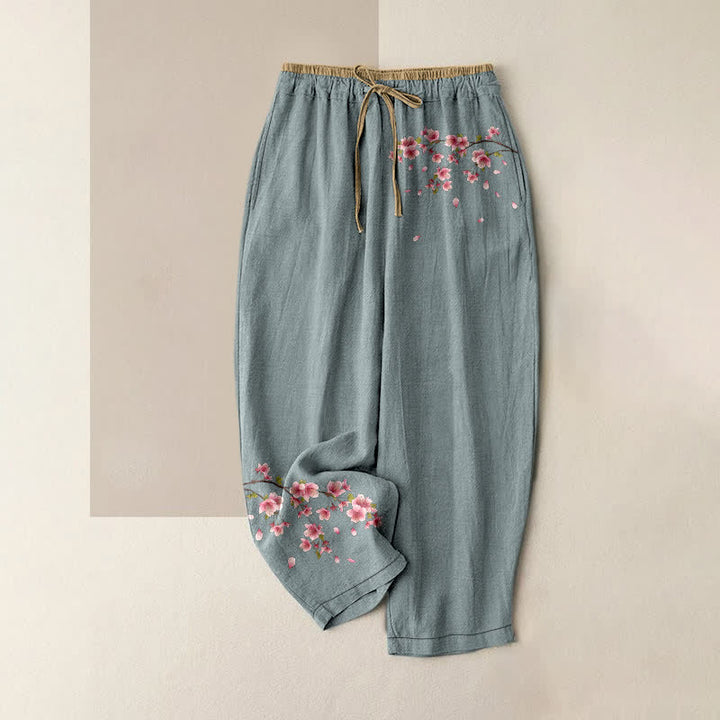 Buddha Stones Pantaloni da donna in puro cotone con elastico in vita e tasche, fantasia a fiori rosa. - Azzurro chiaro - US16, UK/AU20, EU48 (3XL) - image 4