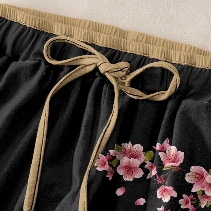 Buddha Stones Pantaloni da donna in puro cotone con elastico in vita e tasche, fantasia a fiori rosa. - image 1