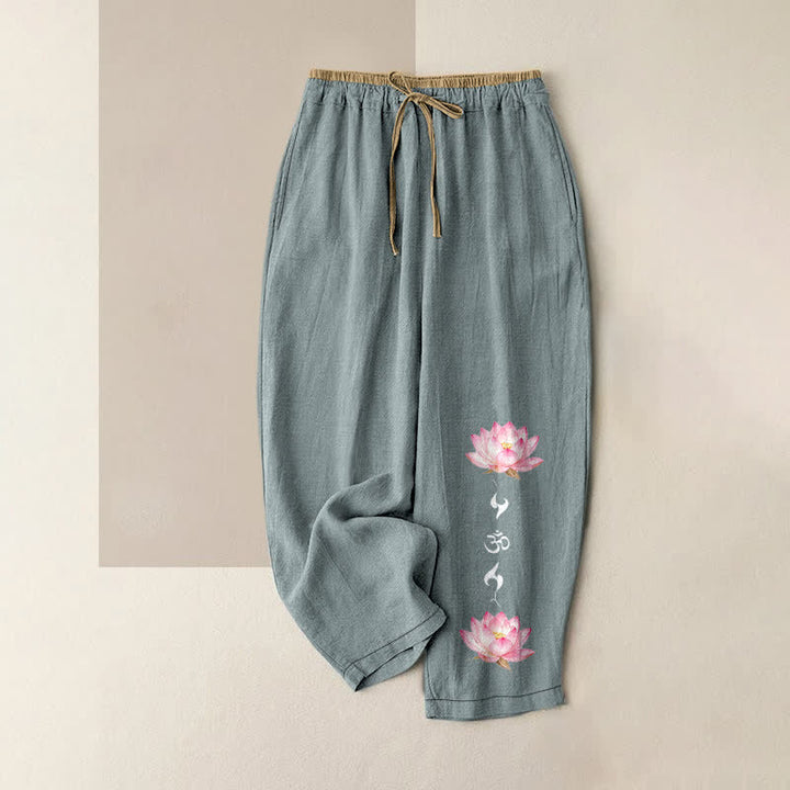 Buddha Stones Pantaloni da donna in puro cotone rosa con motivo OM Zen e elastico in vita, con tasche. - Azzurro chiaro - US16, UK/AU20, EU48 (3XL) - image 0
