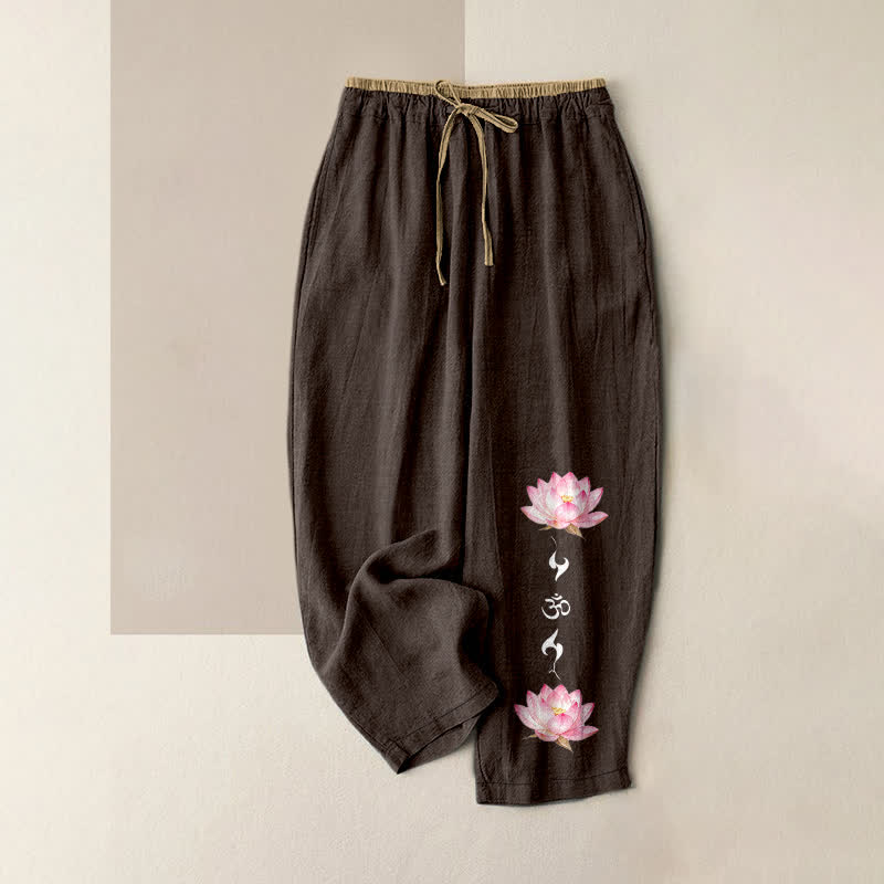 Buddha Stones Pantaloni da donna in puro cotone rosa con motivo OM Zen e elastico in vita, con tasche. - Marrone sella - US16, UK/AU20, EU48 (3XL) - image 8