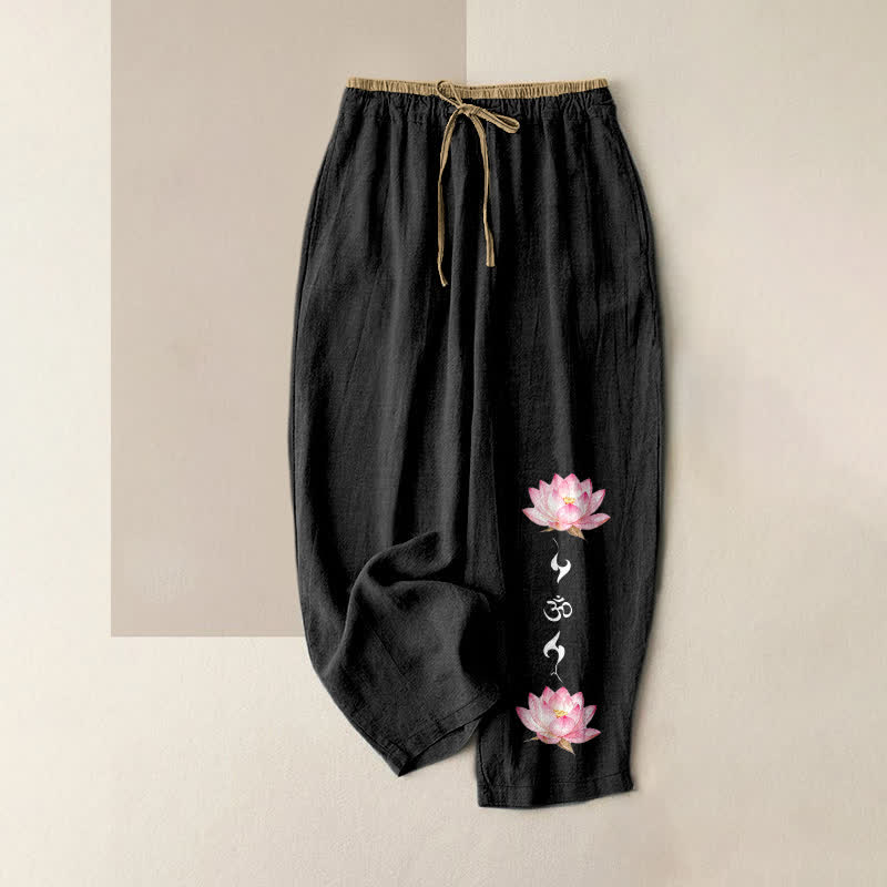 Buddha Stones Pantaloni da donna in puro cotone rosa con motivo OM Zen e elastico in vita, con tasche. - Nero - US16, UK/AU20, EU48 (3XL) - image 4